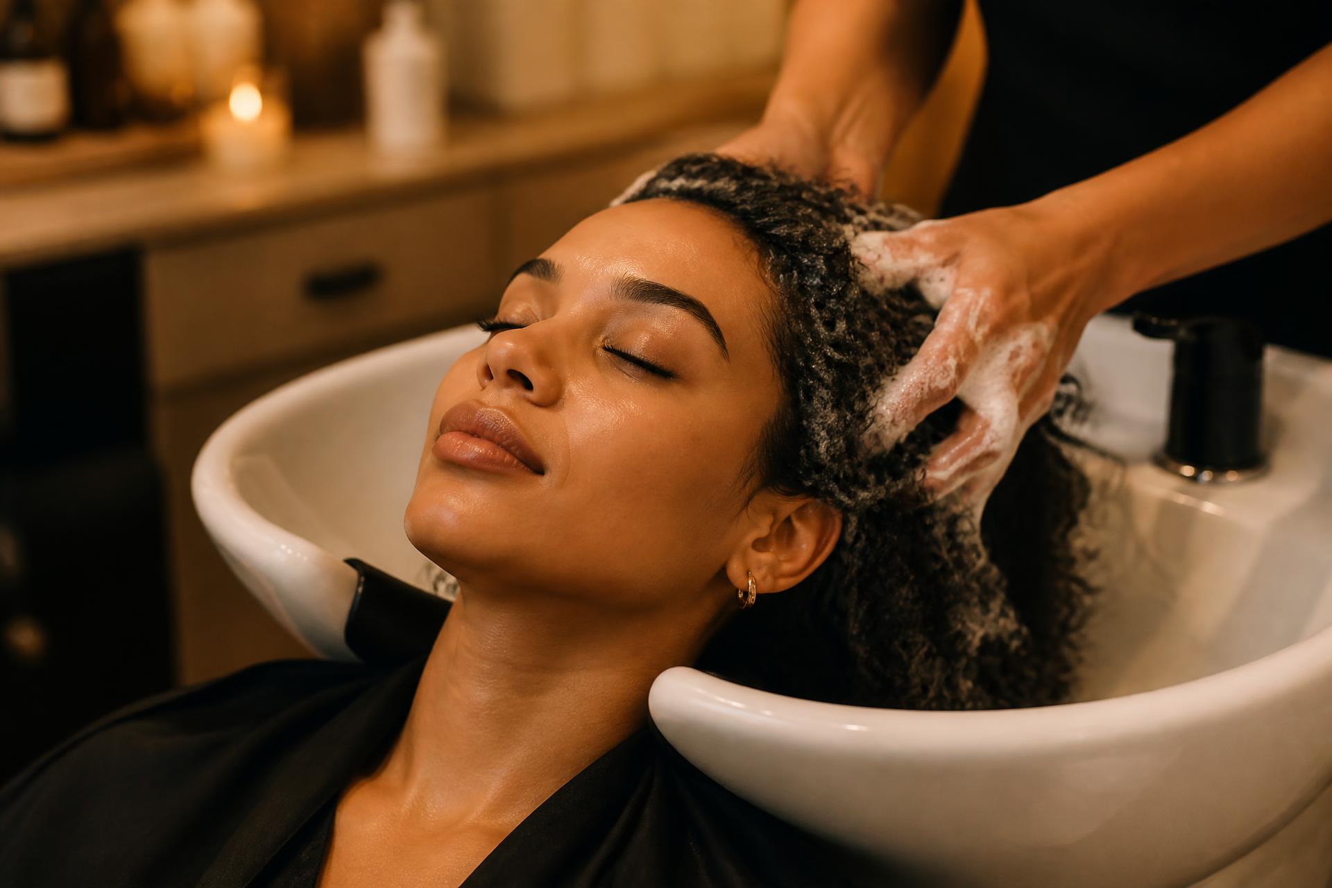 Cliente installée au bac à shampoing dans un salon de coiffure